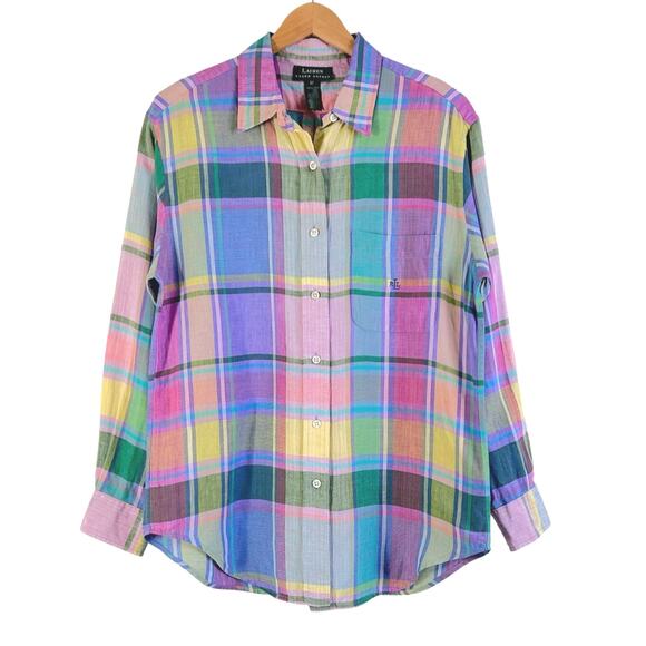Lauren Ralph Lauren 100% Linen Button Down Shirt in Pink Plaid LRL - Picture 1 of 5